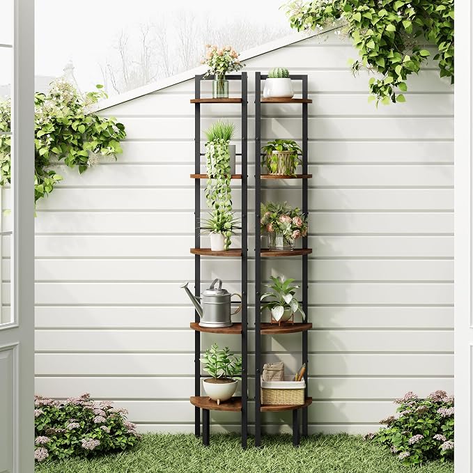 Tajsoon Narrow Corner Shelf Stand 5 Tier 60.5" Industrial Corner Ladder Shelves with Metal Frame, Multipurpose Tall Corner Bookshelf Bedroom, Living Room, Office, Kitchen, Rustic Brown