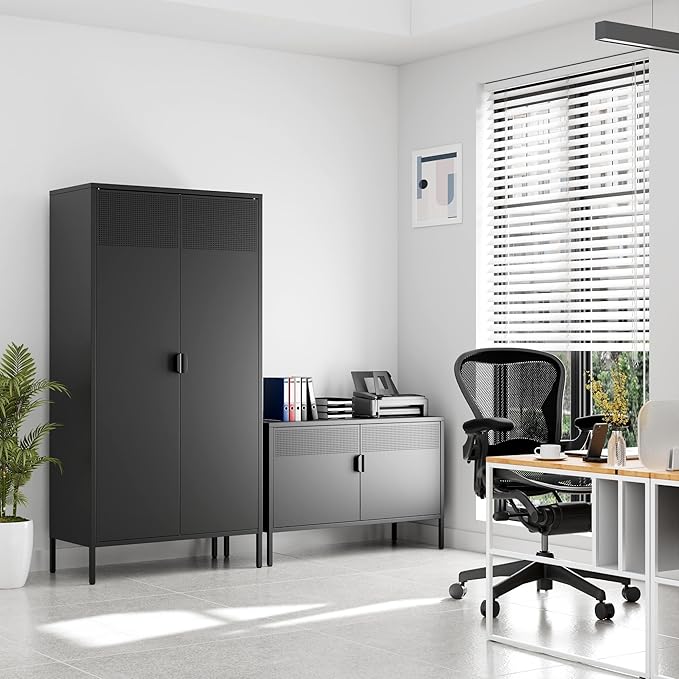 Ustamio Black Wide Metal Locker Storage Cabinet, 2 Door Accent Cabinet for Home and Office, 2 Tier Low Metal Cabinet With Doors and Shelf, Multipurpose TV Stand