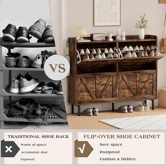 EOYUTLLY Shoe Cabinet Storage for Entryway, Narrow Shoe Rack Cabinet with 4 Flip Drawers, Freestanding Hidden Shoe Rack Storage Organizer, White with Metal Legs