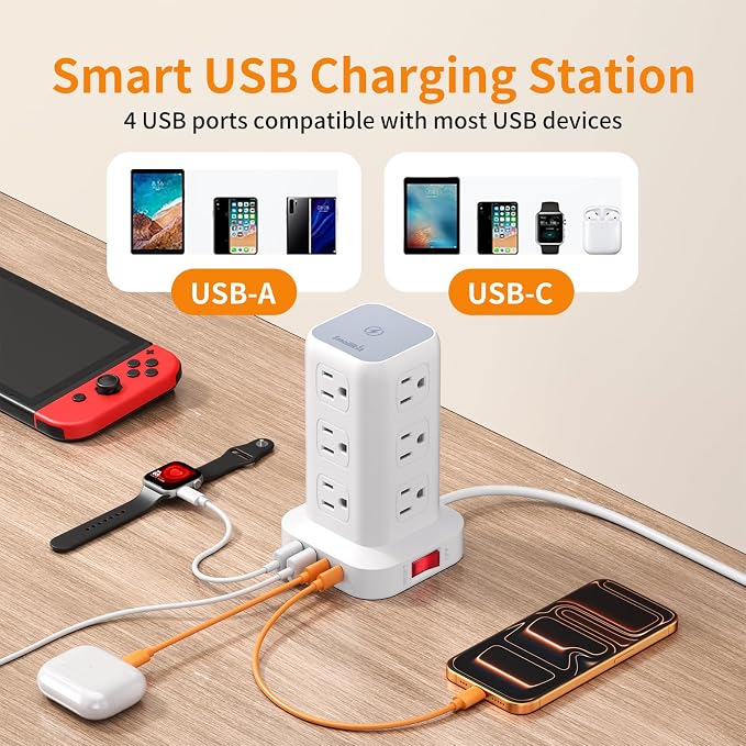 Extension Cord with Multiple Outlets, SMALLRT Surge Protector Power Strip Tower, 10FT Outlet Extender with 12 AC Outlets 4 USB, Power Strip with USB Ports for Home Office Dorm Room,Overload Protection