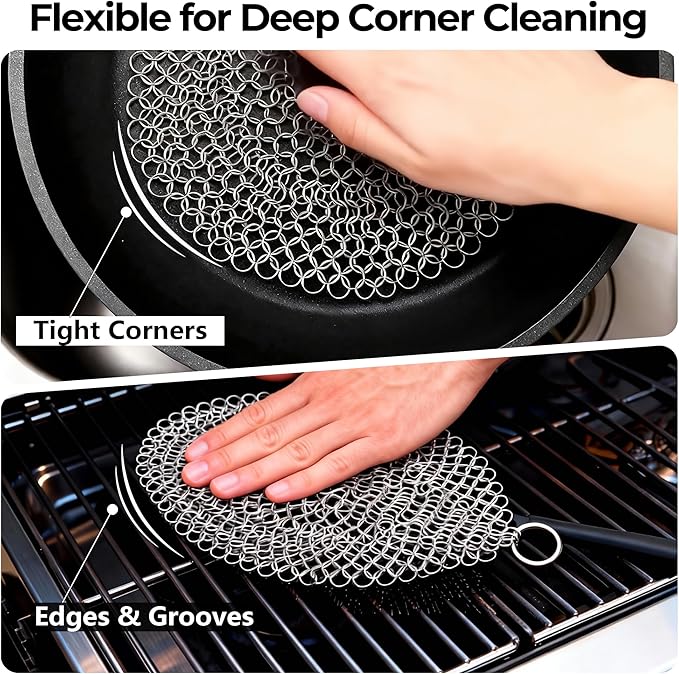 AMAGABELI GARDEN & HOME 7”x7” Cast Iron Cleaner 316L Stainless Steel Chainmail Scrubber for Griddle Skillet Dutch Oven Wok Grills Stainless Steel Pot Cast Iron Pan
