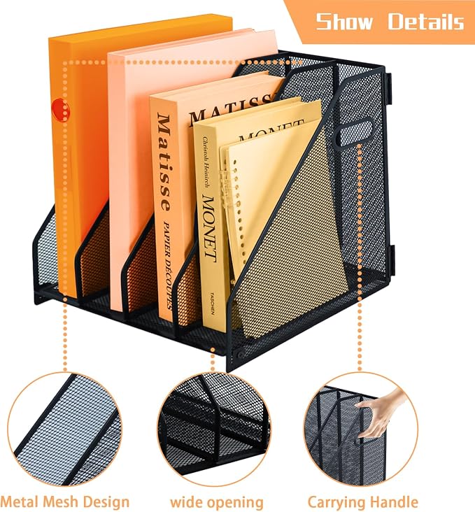 Desk file organizer metal desk magazine folder holder with 4 Vertical Compartments File Organizer for Office Home School, Black