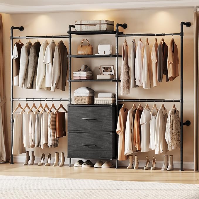 ONBRILL T3 Wall Mounted Industrial Pipe Closet Organizers Storage System | Metal Clothing Rack with 2 Drawers, 6 Wooden Shelves & 4 Expandable Rods, Heavy Duty Garment Rack, Wardrobe (Black)
