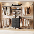 ONBRILL T3 Wall Mounted Industrial Pipe Closet Organizers Storage System | Metal Clothing Rack with 2 Drawers, 6 Wooden Shelves & 4 Expandable Rods, Heavy Duty Garment Rack, Wardrobe (Black)