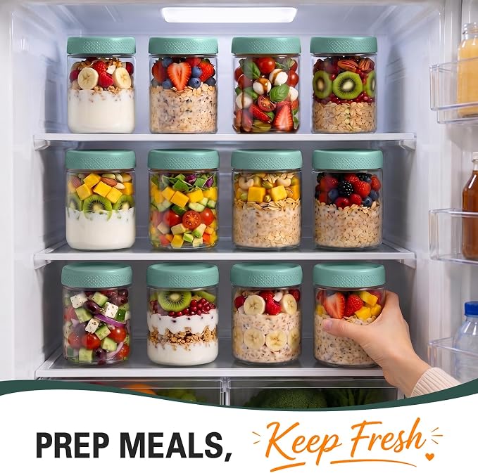 Glass Jar with Lid, Mason Jars 16 oz with Lids, Green Overnight Oats Jars | 6 Pack Glass Storage Containers with Lids, Yogurt Containers with Lids, Airtight Glass jars for Salad, Sugar, Parfait, Candy