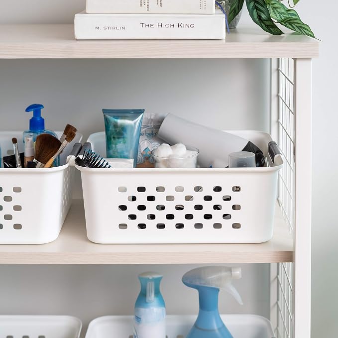 IRIS USA 4-Pack, Medium Plastic Storage Basket, White | Organize pantry items, office supplies, crafts, accessories, and household essentials with easy-carry storage for shelves