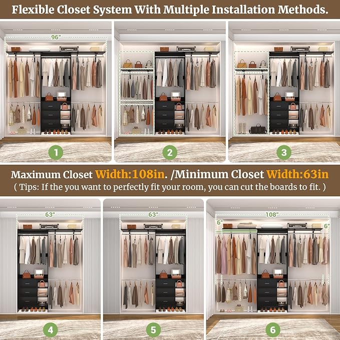 Aheaplus Closet System, Closet Organizer with 3 Wooden Drawers, 8FT Closet Organizer System, 96’’ Walk-in Closet Wardrobe Clothes Rack with Hanging Rods, Adjustable Garment Rack, Fits 5.3-9 ft, Black