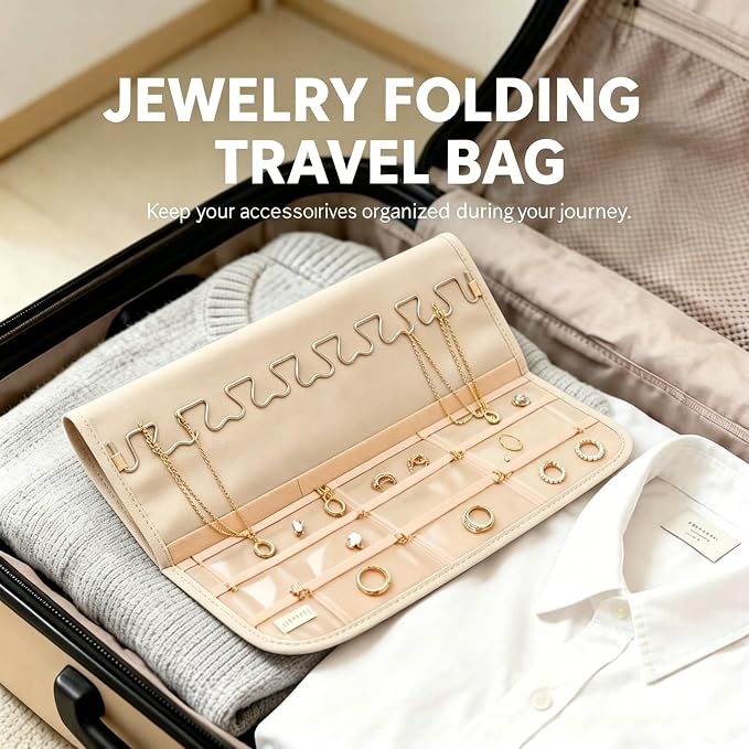 Hanging Jewelry Organizer, Double-Sided Jewelry Organizers and Storage with 48 Pockets and 21 Hooks for Necklaces Earrings Rings, Jewelry Travel Roll Over the Door for Closet Wall (1, White)