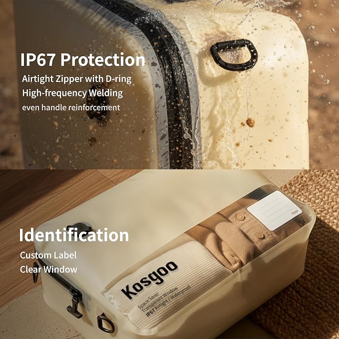 Vacuum Compression Bags for Travel with Pump 180° Open Vacuum Seal Bags for Carry-on Luggage Home Storage, IP67 Waterproof Space Saver Storage Bag (1 Pack with Pump, Beige)