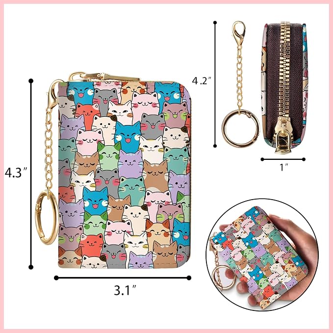 Blusabaca RFID Credit Card Holder Small Women Travel Wallet, Cute Cats | Removable Keychain, Case with Zipper, Vegan PU Leather, Cash Coin Pocket, Business Accordion Purse, Ladies Female Gift
