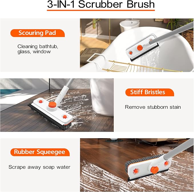 Floor Scrub Brush with Long Handle, 3 in 1 Extendable Stiff Bristle Scrape Brush, 60-In Shower Scrubber Brush with Squeegee and 2 Replacement Heads for Cleaning Bathroom Kitchen Deck Tub Tile
