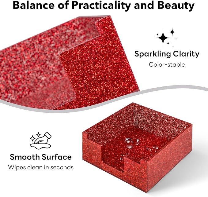 Acrylic Sticky Note Holder 4x4in Tray for Desk, Red Glitter | Sparkling glitter acrylic tray, fits 3x3 sticky notes, compact organizer for office school and home