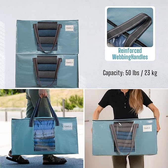 VENO 6 Pack Heavy Duty Moving Bags, Clothes and Comforter Storage Bags with Clear Window, College Dorm Essentials Packing Supplies, Foldable Boxes Alternative (Shiny Light Blue, 6 Pack)