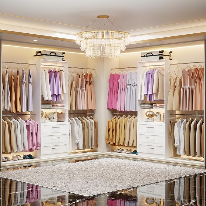 Closet System with 6 Drawers, 4FT-15FT Closet Organizer System with 10 Adjustable Hanging Rods & 2 Shelves, Modular Closet Systems Kit for Walk-In Closets, 2 Sets, White