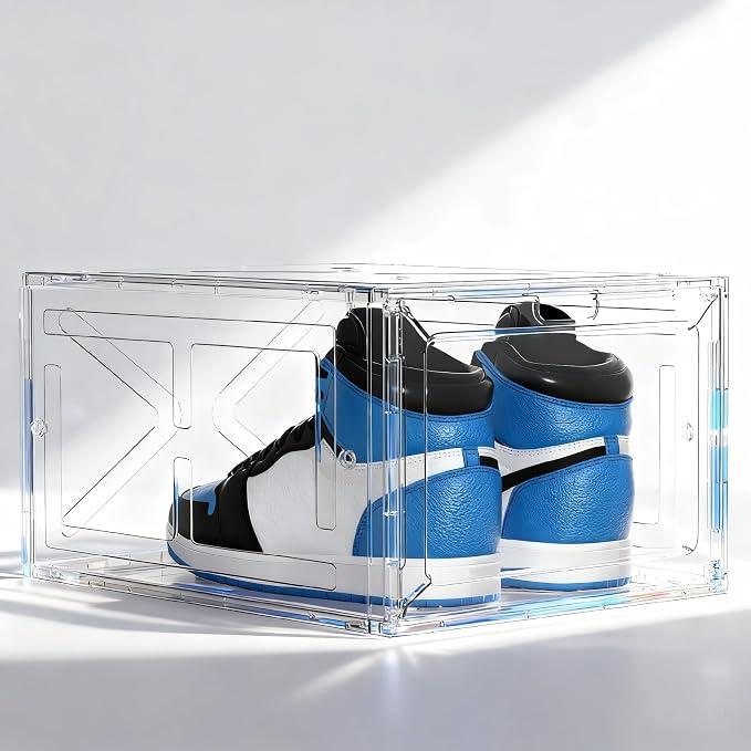1 Pack Large Clear Shoe Box for Men’s Size 13 Sneakers, Stackable Drop-Front with Magnetic Door, BPA-Free Plastic Display Organizer, 13.5” x 10.55” x 7.5” – Transparent
