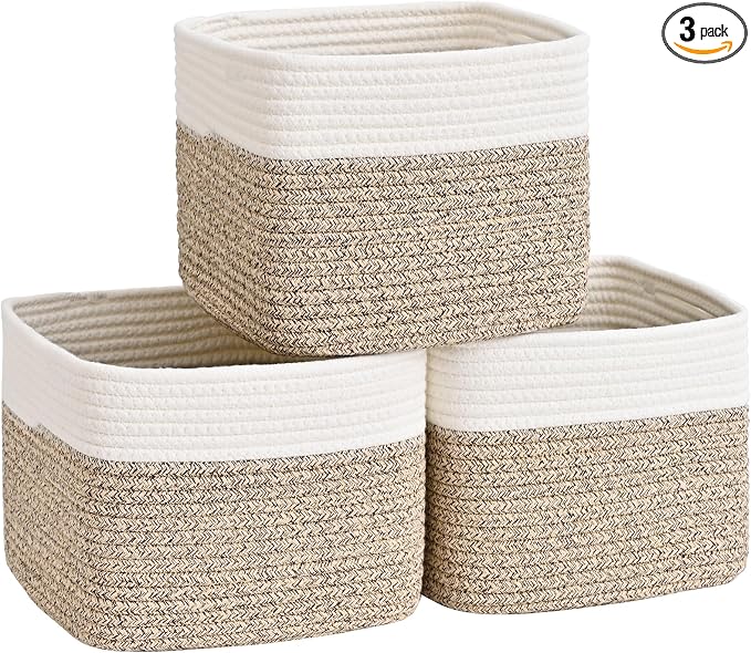 3 Pack Cube Storage Bin, 9”x9”x7” Cotton Rope Woven Baskets for Organizing Toys Clothes Towels, Square Gift Storage Baskets for Shelves, Nursery, Closet, Bathroom, Pantry (White & Jute)