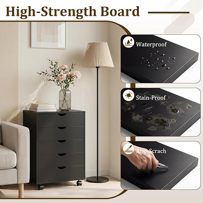 5 Drawer File Cabinet with Wheels, Under Desk Storage Drawers, Black | 5 Drawers File Cabinet with Wheels for Under Desk Storage, Office Organization and Small Printer Stand