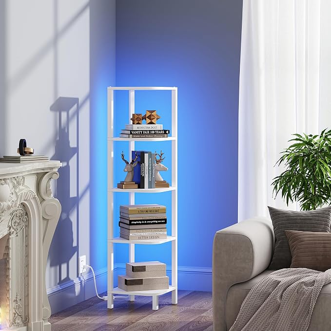 TUTOTAK Corner Shelf with LED Light, 5-Tier Corner Bookshelf for Small Space, Narrow Display Corner Shelf Stand with Storage Rack, for Living Room, Bedroom, White BS08BW005L