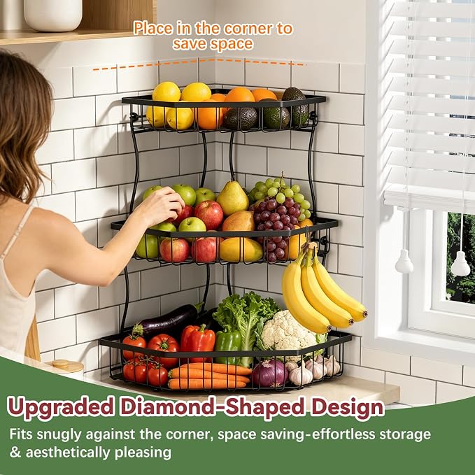 3 Tier Fruit Basket for Kitchen Counter - Detachable Metal Fruit Bowl with 2 Banana Hangers for Corner , Large Capacity Fruit Stand with Wooden Handle for Bread Fruit and Vegetable Storage - Black