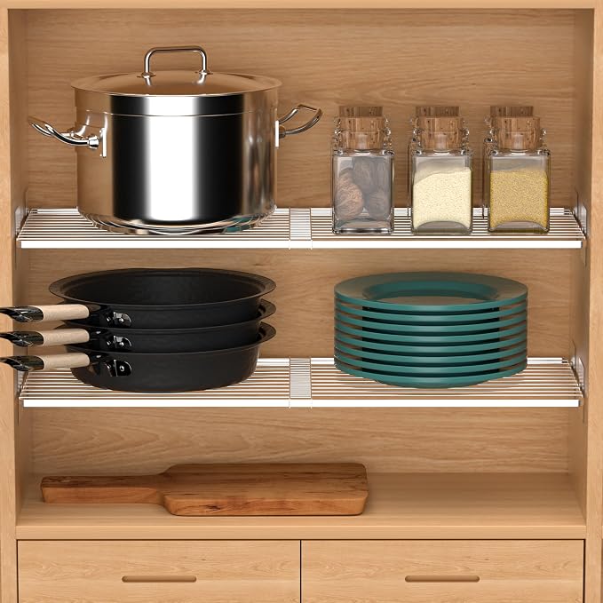 Closet Tension Shelves Organizer Expandable Cabinet Storage Shelving Rack Wire Metal DIY Divider Separator for Cabinet Wardrobe Cupboard Pantry Kitchen Bedroom, 2packs