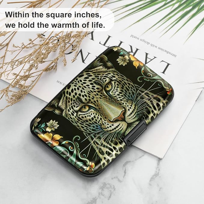 ELFISH Mini RFID Aluminum Wallet Credit Cards Holder Business Card Case Metal ID Case for Men Women(Black Leopard)