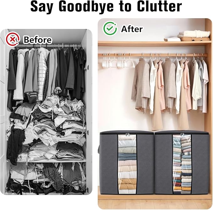 SpaceTrove Clothes Storage Bags, 4-Pack Comforter Blanket Organizers, 80L Large Capacity Containers with Visual Window for Clothing, Quilt, Sheet, Pillow, Closet Organization for Bedding (Grey)
