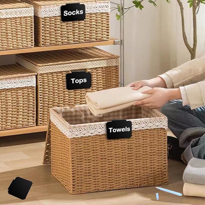 Basket Labels Clip Set - 12 Removable PVC Bin Label Holders with 2 Chalk Markers - Kitchen Clip Labels for Storage Baskets, Boxes, and Containers