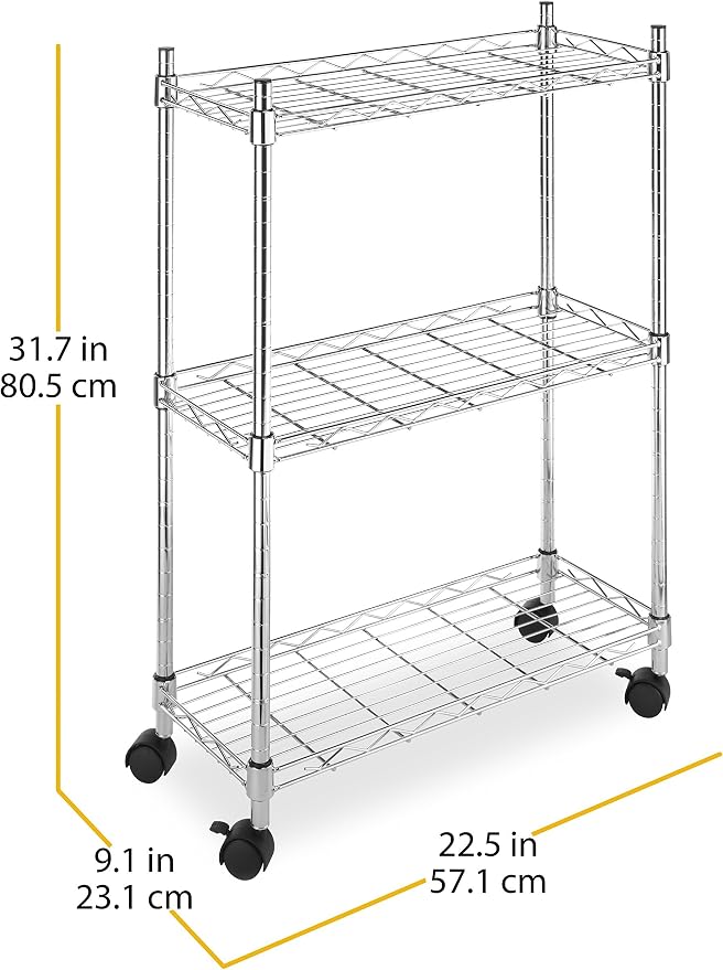 Whitmor 3 Tier Shelving Unit with Wheels, Adjustable Heavy Duty Metal Storage Shelves, 400 lbs Capacity per Shelf, 1200 lbs Total for Home, Garage, Workshop, 23" L x 9" W x 32" H, Chrome