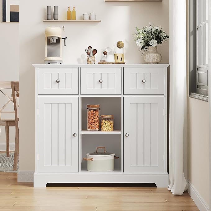 ChooChoo 35.4" Coffee Bar Cabinet with 3 Drawers and 2 Doors, White | Buffet Cabinet with Adjustable Shelves, Storage Cabinet for Compact Kitchens, Dining rooms and Living rooms