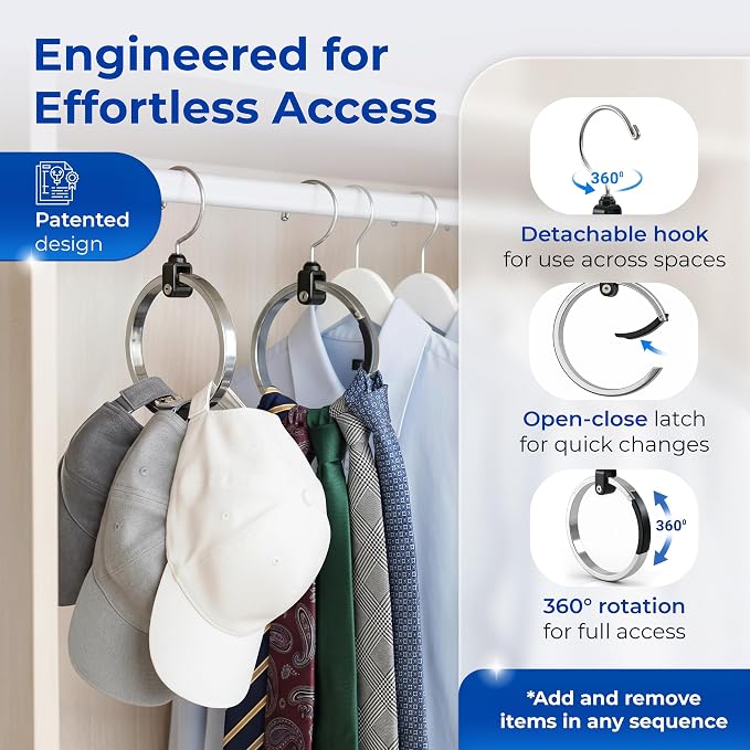 Rolly Hanger® Premium Closet Organizer, Rotating Aluminum Ring Hanger with 360° Swivel Hook, Space Saving Accessory Holder for Belts, Ties, Hats, Scarves, Purses & Handbags | Closet Organizer (3 Pack)