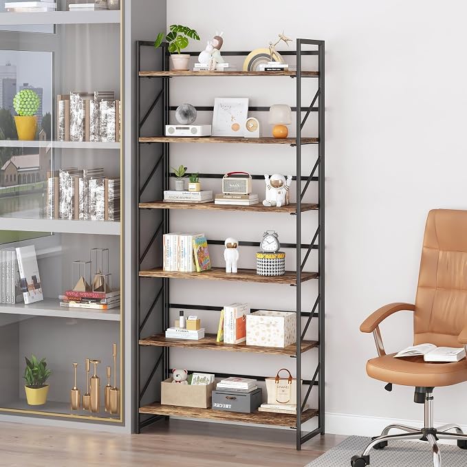 JSB 6 Tier No Assembly Folding Bookshelf, 30.7" Wide Foldable Storage Bookcase for Home Office, Space-Saving Storage Shelf for Living Room (Fire Brown)
