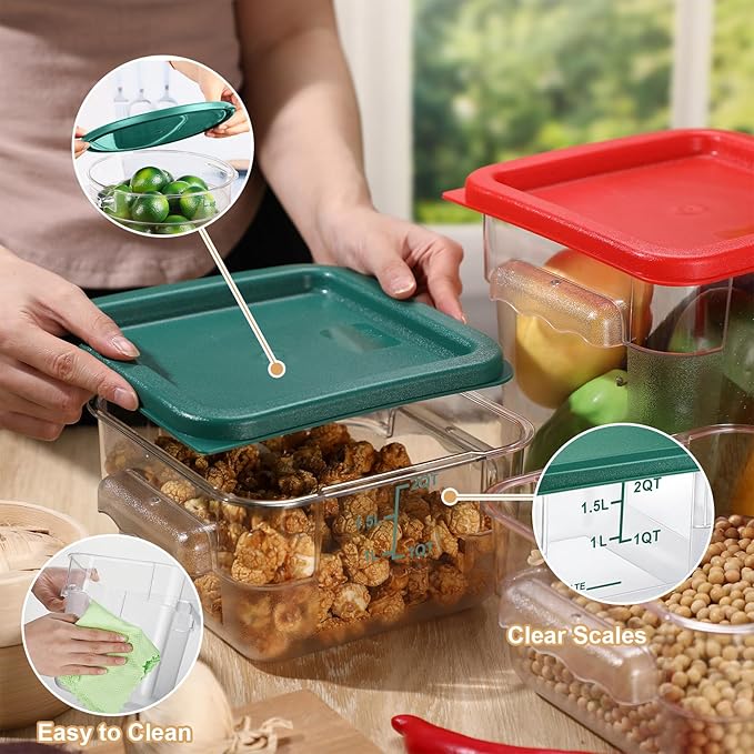 Barydat 4 Pcs Square Food Storage Containers with Lids Measurement Scales, 2qt & 4qt Clear Plastic Stackable Containers for Dough Proofing Baking Kitchen Restaurant and Pantry Organization(Red Green)