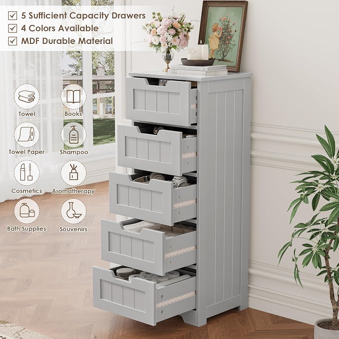 FOTOSOK Bathroom Cabinet, Bathroom Storage Cabinet with 5 Drawers, Wooden Storage Cabinets with Cut-Out Handles, 11.8” x 15.7” x 40.1” Bathrooms Floor Cabinets for Hallway/Living Room, Grey
