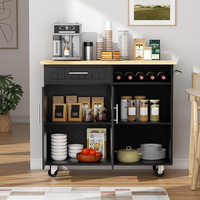 SUNLEI Kitchen Island Cart on Wheels with Storage Cabinet & Drawer, 42" Multifunction Kitchen Cart Cabinet with Shelves, Cart Handle for Towel Rack or Free Mobility,Black
