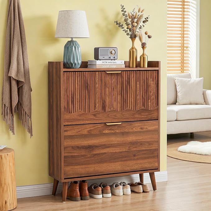 BERRYMERRY 30" Narrow Shoe Storage Cabinet with 2 Flip Drawers and Wave Fluted Design for Hallway Entryway Living Room Foyer (Fluted Walnut 2 Drawer)