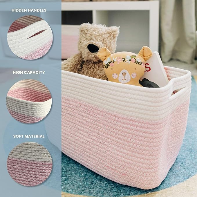 Pink Cotton Rope Basket for Shelf Storage - 15"×10"×9½" - Colorful Decorative Basket for Kids - Nursery, Playroom, Classroom - Toy Storage, Books, Towels