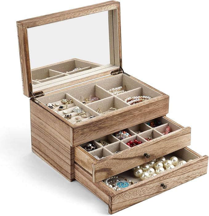 Meangood Jewelry Box Organizer for Women, 3 Layer Large Jewelry Storage Case, Rustic Wooden Jewelry Box with Mirror & Ring Tray for Necklace Earring Bracelets Rings, Vintage Style (Carbonized Black)