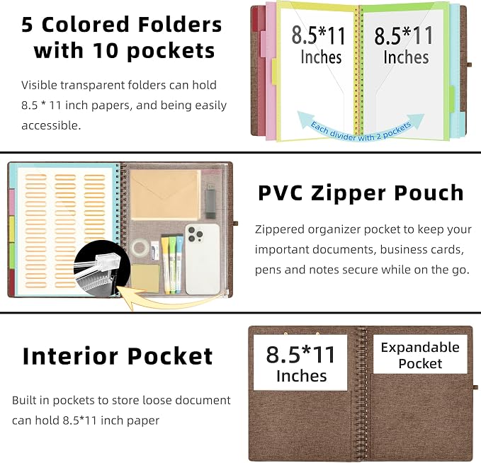 Ospelelf Brown Foldable Spiral Clipboard Folio with Storage Zipper Pouch, 5 Plastic Folders with 10 Pockets, Refillable Lined Notepad (11" x 8.5"), Linen Hardcover Project Organizer
