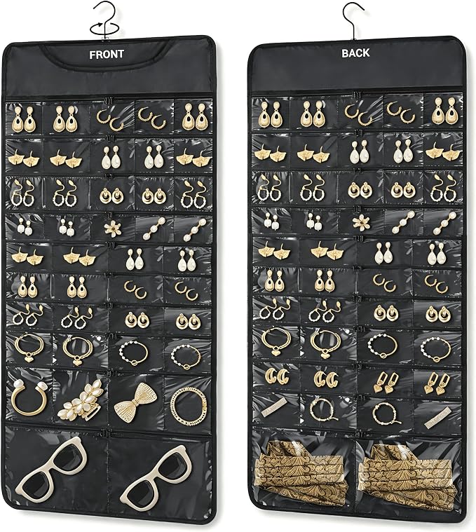 FOREGOER Hanging Jewelry Organizer Storage Roll 88 Zippered Pockets,Dustproof Foldable for Travel,Double-Sided Accessories Organizer Holder for Earring Necklace Ring on Closet Wall Door(Black,1 Pack)