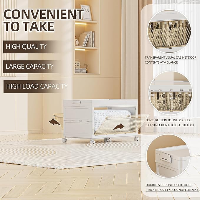 96 QT / 24 Gal Large Foldable Storage Cabinet with Wheels - Extra Capacity, Transparent Front & Back Doors, One-Pull Assembly, Silent Casters for Garage/Stockpile (PP Material)