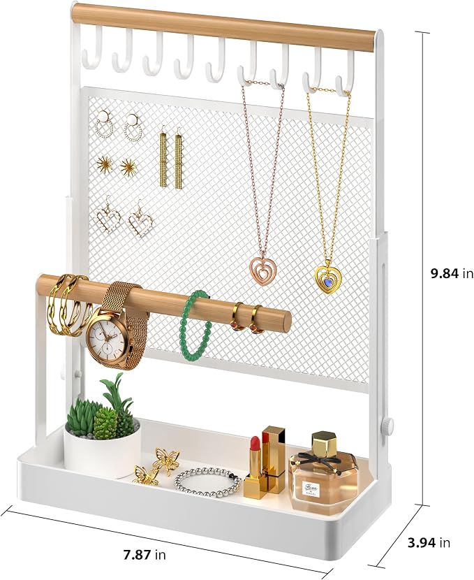 Jewelry Organizer Stand, Liftable Necklace Holder with Earring Organizer Net, 9 Hooks Necklaces Storage Wooden Handing Bar for Bracelets Watches Rings (White)