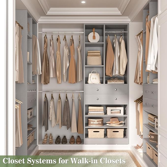 Besiost Closet System, 4.2–8.8 FT Closet Organizer with 2 Wooden Drawers and Shelves, Walk-in Closet System with 5 Hang Rods, Built-in Closet Tower, Can Fit 60 to 96 inch, Morandi Grey