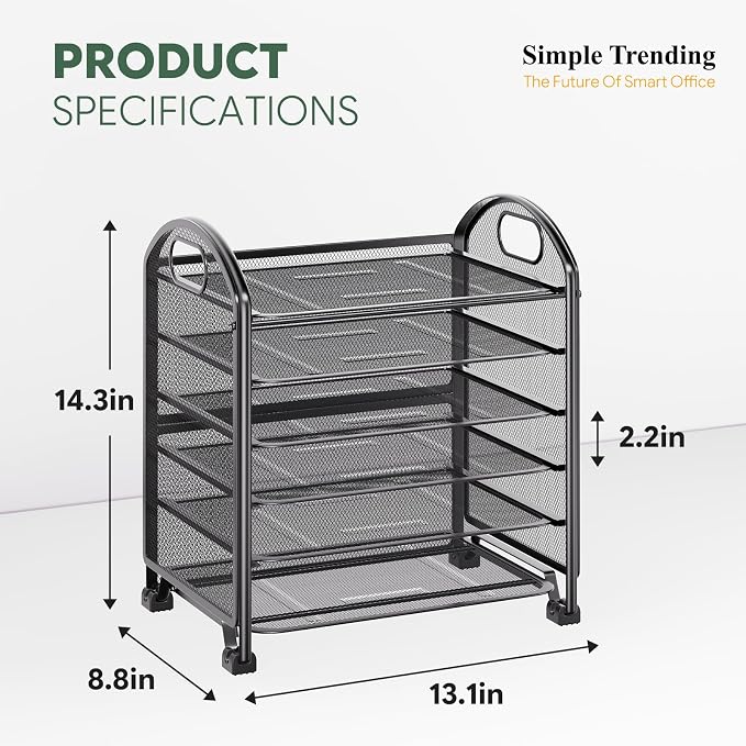 Simple Trending 6-Tier Letter Tray Organizer, Metal Mesh File Holder, Black | Fits Standard Letter-size Papers | Sturdy Metal Mesh | Non-Slip Feet | Easy-grip Handle | Black for Office Home School