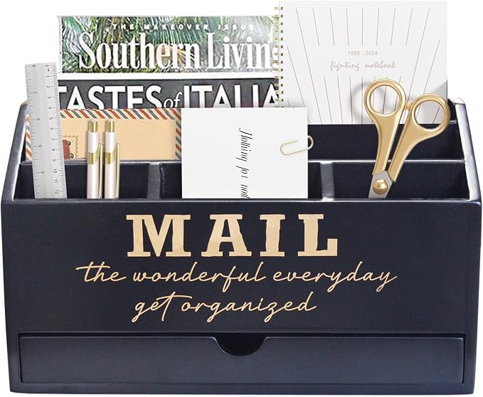 EXQUIDECA Wooden Black Rustic Countertop Mail Storage Holder with Drawer and Compartments - Office Desk Accessories and Workspace Organizers - Desktop Sorter for Pen Stationery Letter Files Documents
