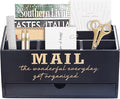 EXQUIDECA Wooden Black Rustic Countertop Mail Storage Holder with Drawer and Compartments - Office Desk Accessories and Workspace Organizers - Desktop Sorter for Pen Stationery Letter Files Documents