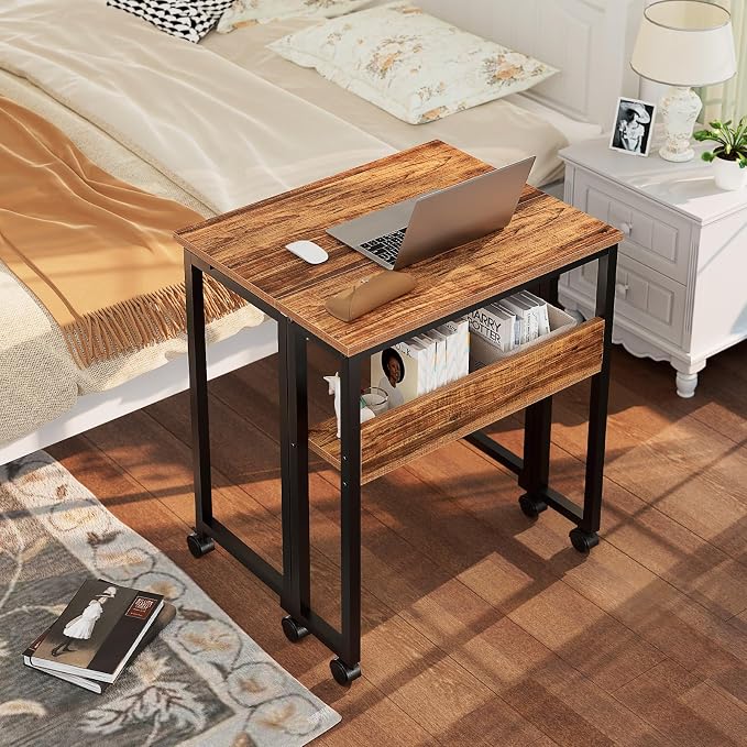 GreenForest Folding Desk with Wheels, 31.5" Rolling Table for Small Spaces | Storage Shelf, Lockable Casters, Compact Portable Workstation, Space-Saving Foldable Sofa Table, Home Office, Mobile, Walnut