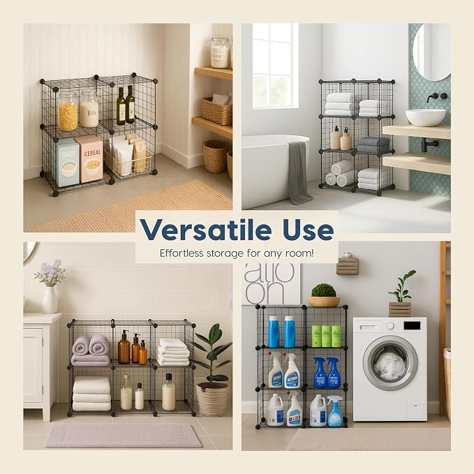 IRIS USA 6-Cube Modular Wire Cube Storage Organizer | Adjustable & Expandable Metal Shelving for Closet, Bathroom & Home Storage, Stackable Wire Grid