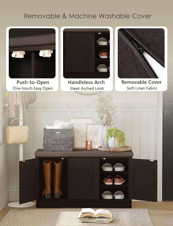 DINZI LVJ Shoe Bench, Entryway Storage Bench with Doors, Cushion, 3-Tier Shoe Rack with 9-Cubby, 39.4" L x 13.8" W Shoe Organizer Cabinet, Fully Adjustable Shelves, Living Room, Bedroom, Espresso