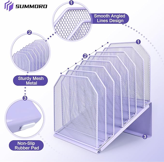 SUMMORO Inclined File Organizer for Desk, 7-Tier Vertical File Folder Holder Office Desk Organizer Metal Rack File Wire Mesh Desktop Document Sorter for Office School Classroom Home (Purple)