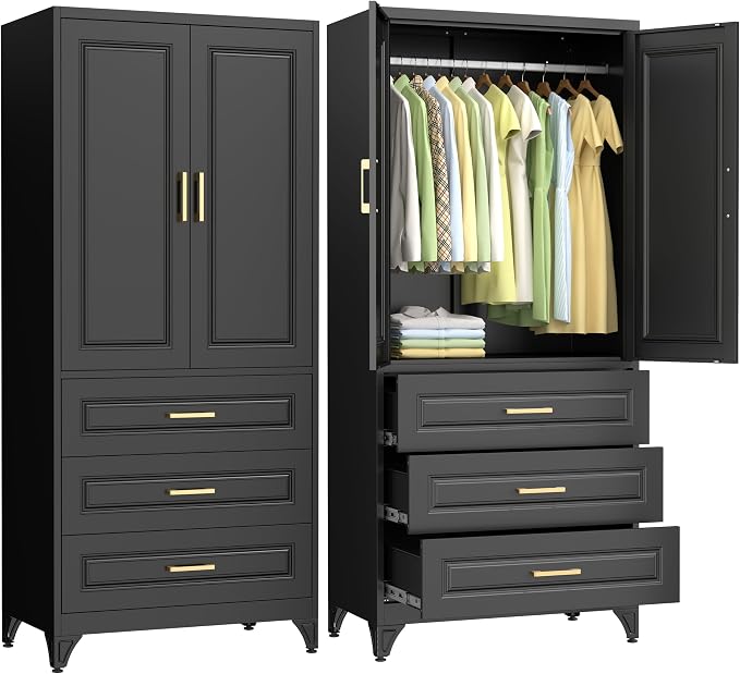 Polup Metal Armoire Wardrobe Closet with Three Drawers, 71“ Tall Large Wardrobe Cabinet with Doors and Hanging Rod, Freestanding Steel Clothes Cabinet for Bedroom, Office, Laundry Room, Black